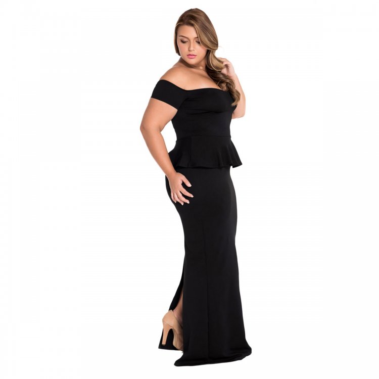 Black Peplum Maxi Dress With Drop shoulder