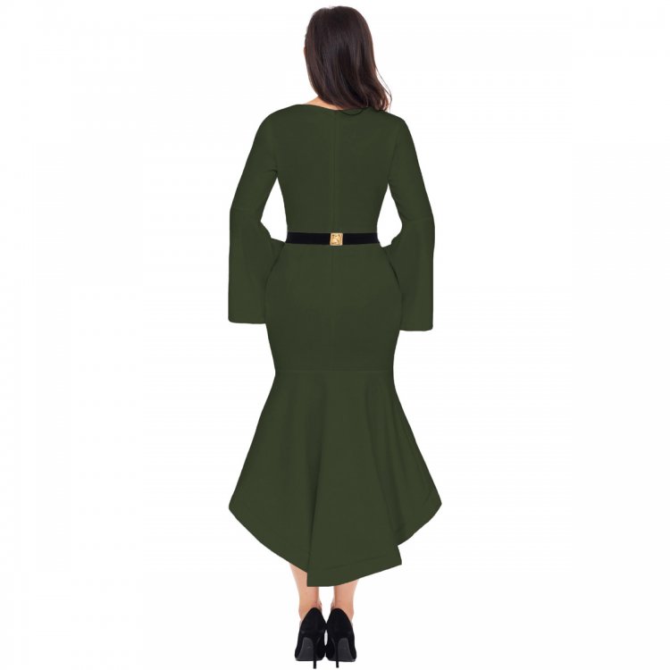 Olive Green Bell Sleeve Dip Hem Belted Dress