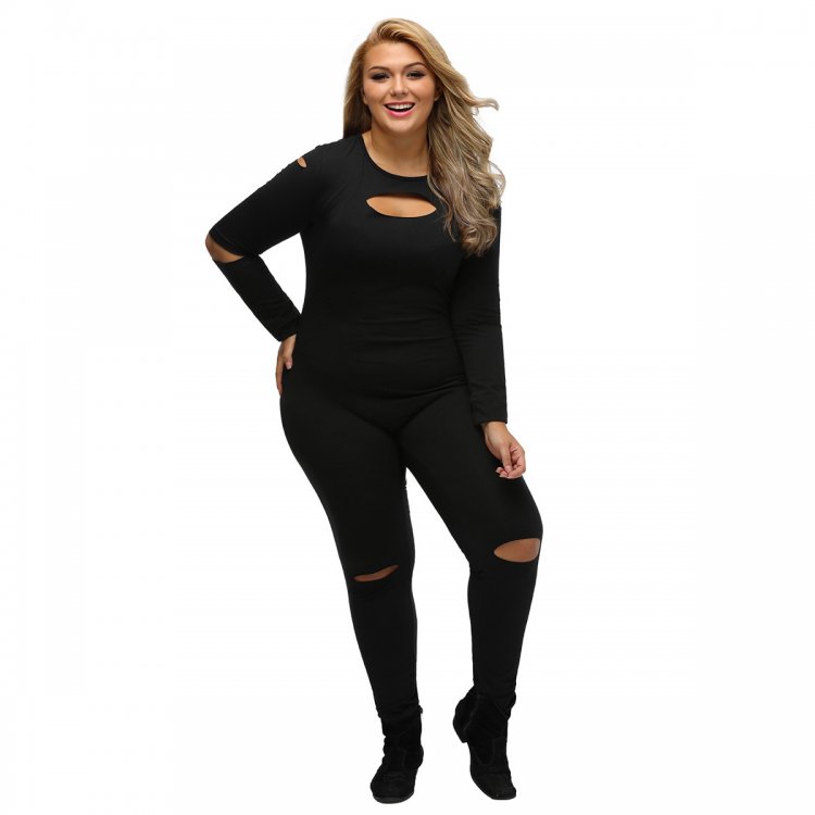 Black Plus Size Slit Long Sleeve Jumpsuit