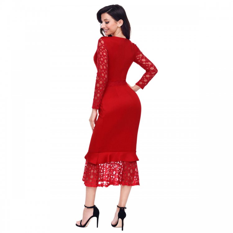Red Hollow-out Long Sleeve Lace Ruffle Bodycon Midi Dress