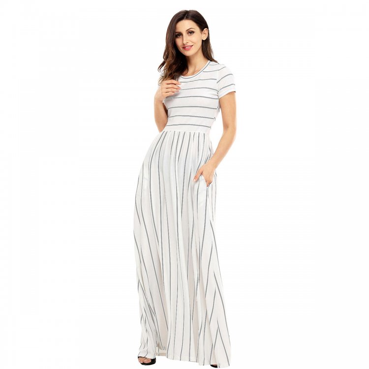 Grey Striped Ivory Short Sleeve Maxi Dress