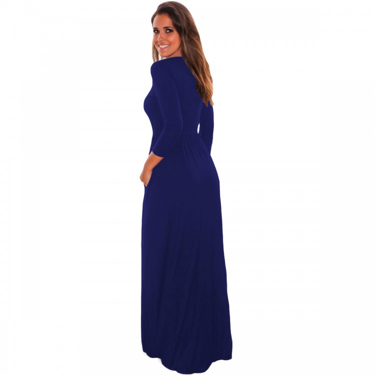 Royal Blue Pocket Design 3/4 Sleeves Maxi Dress