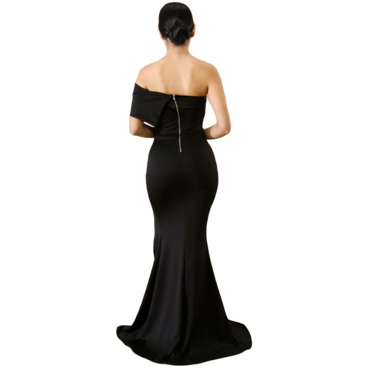 Black Off The Shoulder One Sleeve Slit Maxi Party Prom Dress