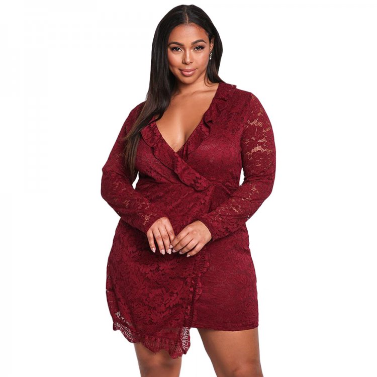 Burgundy Plus Size Lace Faux Wrap Ruffle Dress