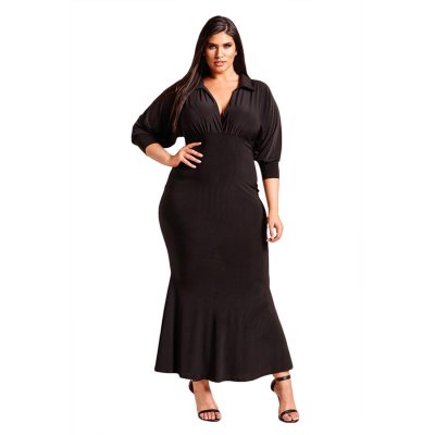 Black Plus Size Collared Deep V Maxi Dress