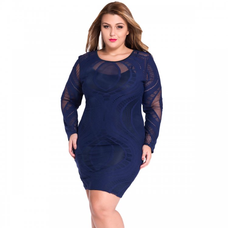 Royal Blue Lace Nude Illusion Long Sleeves Bodycon Dress