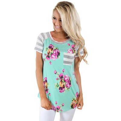Mint Floral Striped Patchwork Casual T-shirt