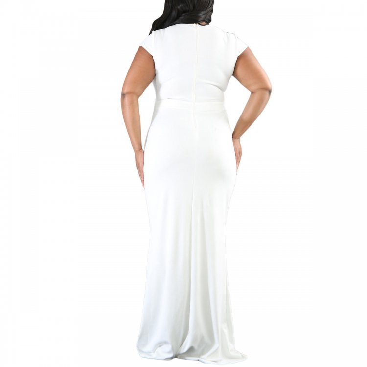 White Rhinestone Front Bodice Scalloped Neckline Plus Dress
