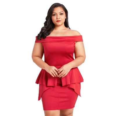 Red Plus Size Fold Over Off Shoulder Peplum Dress