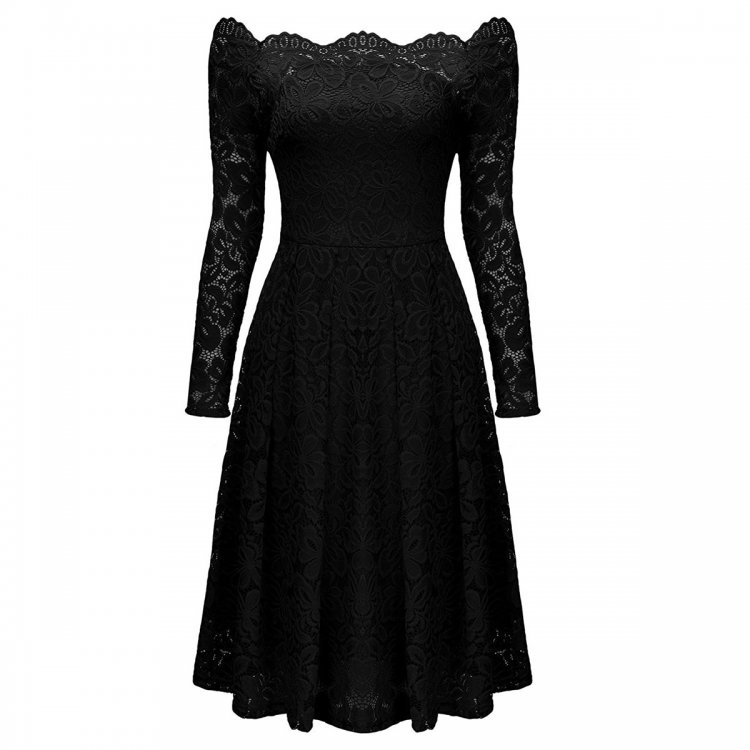 Black Long Sleeve Floral Lace Boat Neck Cocktail Swing Dress