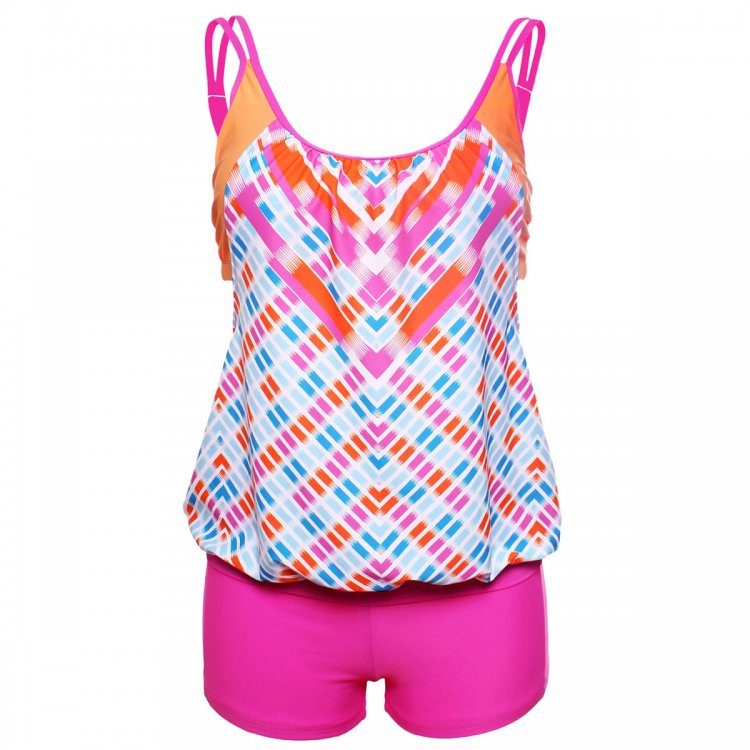 Printed Layered-Style Rosy Tankini with Swim Trunks