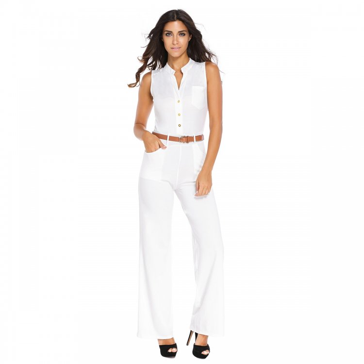 White Belted Wide Leg Jumpsuit