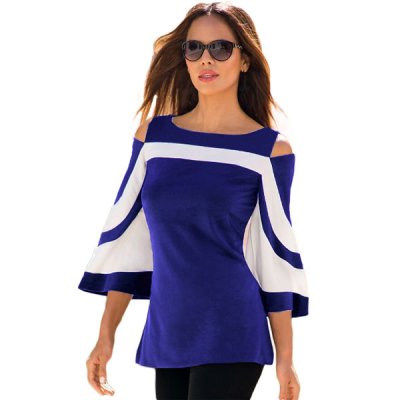 Blue White Colorblock Bell Sleeve Cold Shoulder Top