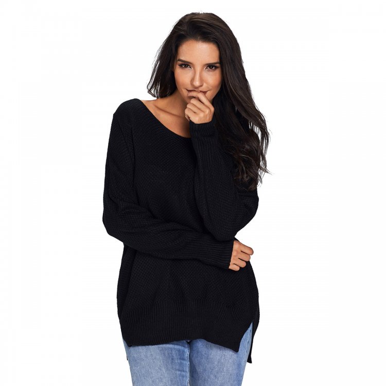 Black Oversized Long Sleeve Knitted V-Neck Sweater