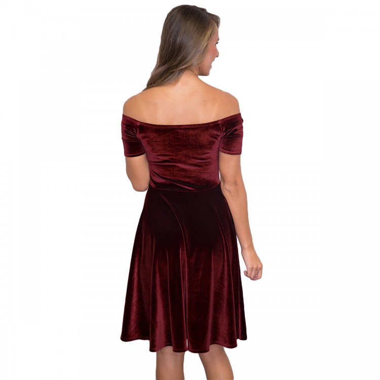 Burgundy Velvet Off Shoulder Pleated Skater Dress