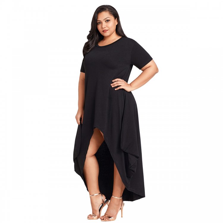 Black Plus Size Hi-Lo Slit Jersey Knit Maxi Dress