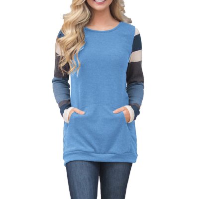 Multicolor Stripes Sleeve Pullover Blue Sweatshirt