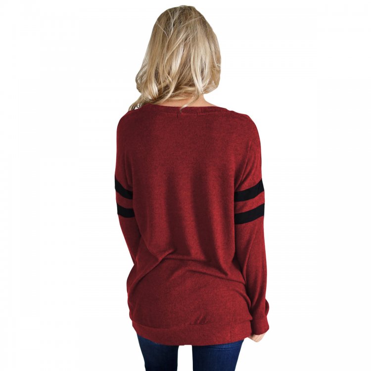 Wine Striped Sleeve Women’s Sweatshirt Top