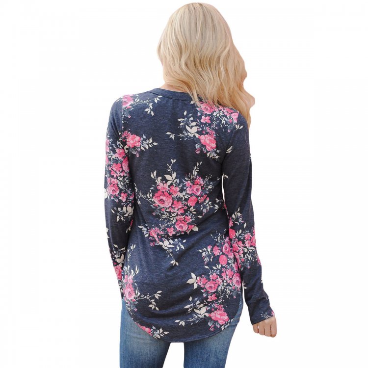 Gray Long Sleeve Floral Autumn Womens Top