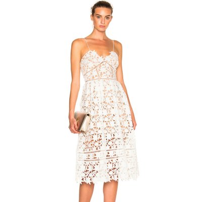 White Lace Hollow Out Nude Illusion Party Dress