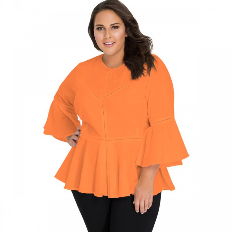 Orange Crochet Insert Bell Sleeve Plus Size Top