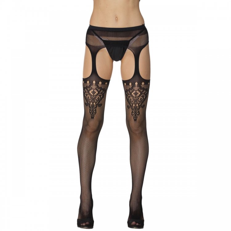 Floral Keyhole Stockings with Attached Garter Belt