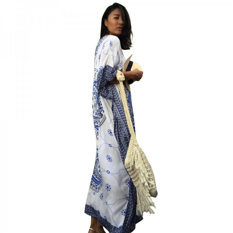 Blue Bohemian Print Kaftan Maxi Dress