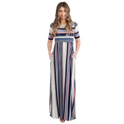 Muted Multicolor Striped Half Sleeve Casual Maxi Dress