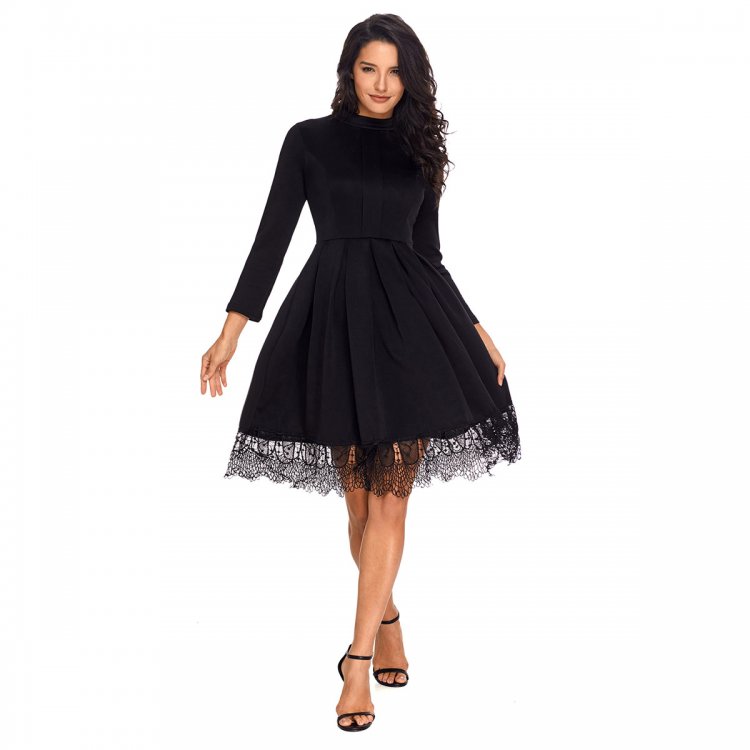 Lace Hemline Detail Black Long Sleeve Skater Dress
