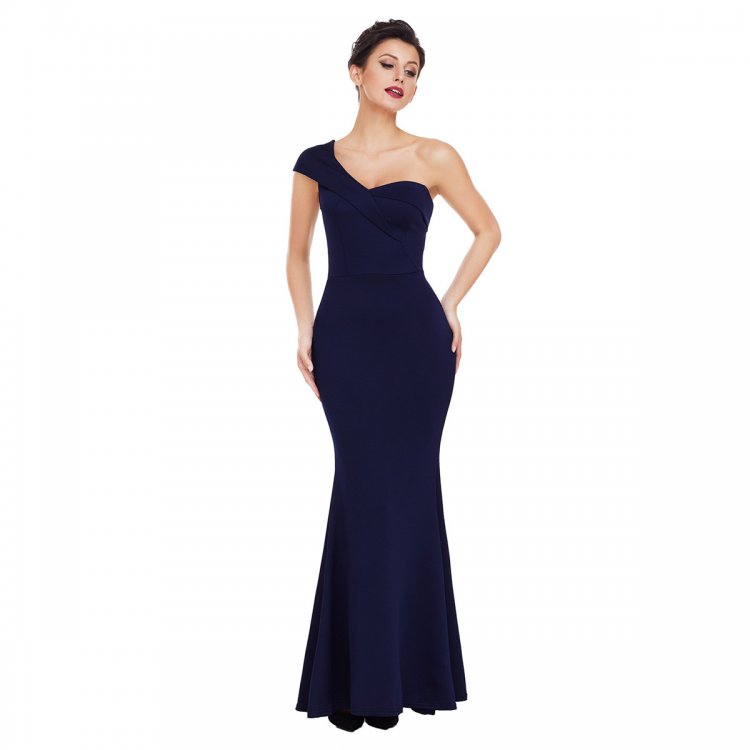 Navy Blue Sexy One Shoulder Ponti Gown