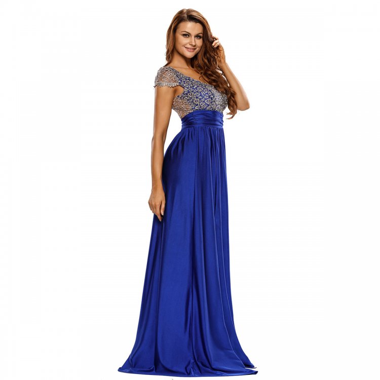 Amazing Gold Lace Overlay Blue Slit Maxi Evening Gown