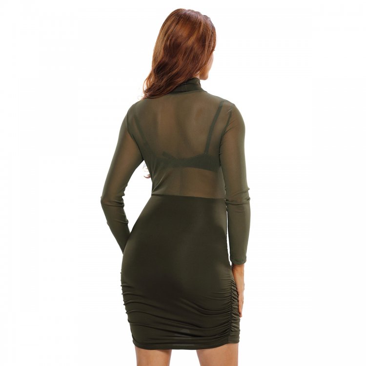 High Neck Long Sleeves Ruched Asymmetric Dress