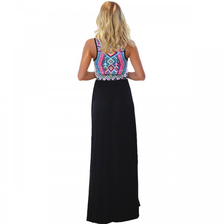 Stylish Tribal Print Sleeveless Black Maxi Dress