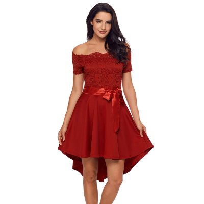 Red Lace Off Shoulder Dip Hem Prom Dress