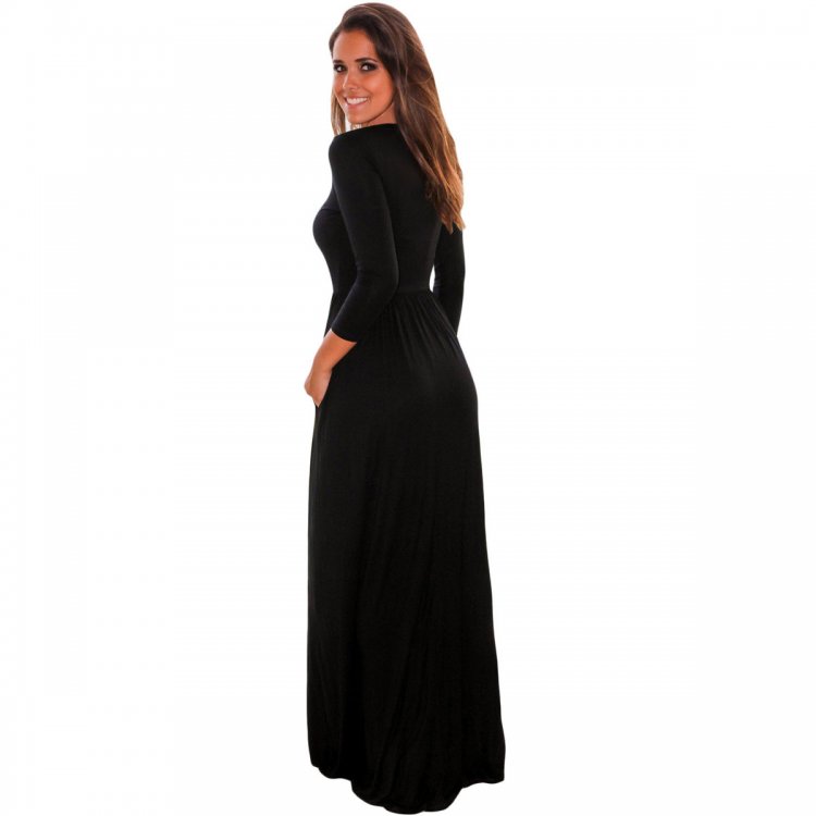 Black Pocket Design 3/4 Sleeves Maxi Dress