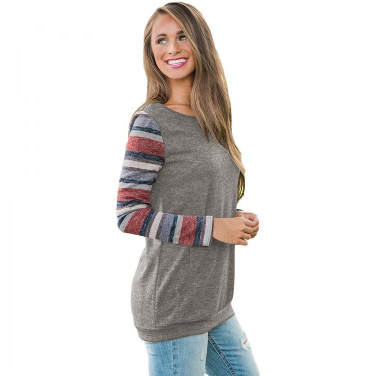 Multicolor Stripes Sleeve Pullover Taupe Sweatshirt