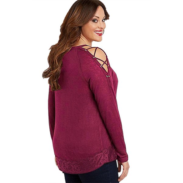 Red Lace up Sleeves Plus Size Top