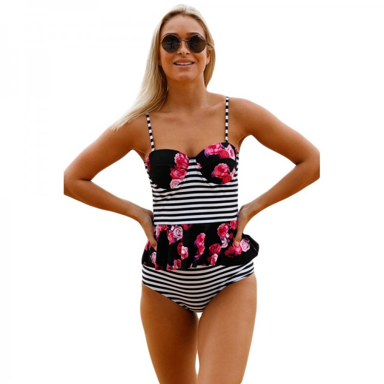 2pcs Floral Print Striped Flounce Tankini Swimsuit
