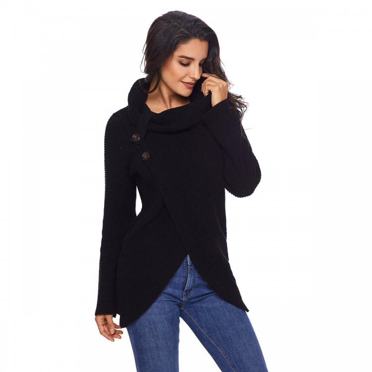 Black Buttoned Wrap Cowl Neck Sweater