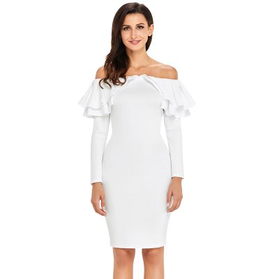 White Ruffle Off The Shoulder Long Sleeve Bodycon Dress