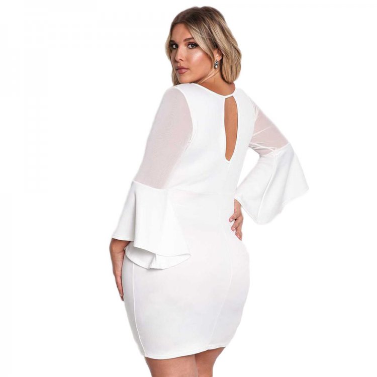 White Plus Size Mesh Trim Bell Sleeve Bodycon Dress
