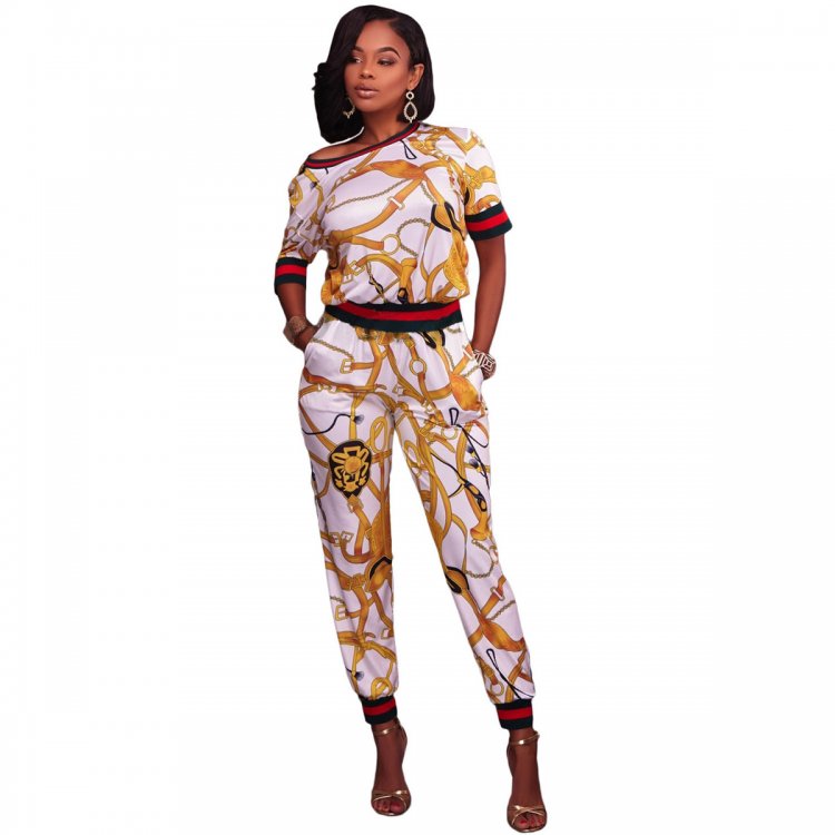White Gold Multiple Print Two Piece Jogger Set