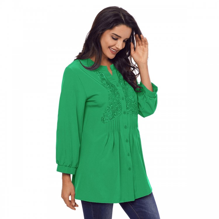 Green Lace and Pleated Detail Button up Blouse