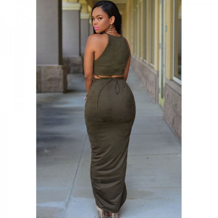 Olive Faux Suede Two Piece Maxi Skirt Set