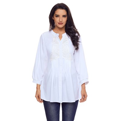 White Lace and Pleated Detail Button up Blouse