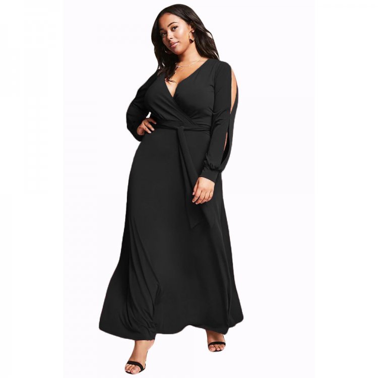 Black Surplice V Neck Plus Size Maxi Dress