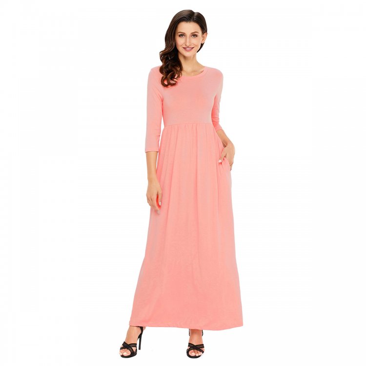 Pink Pocket Design 3/4 Sleeves Maxi Dress
