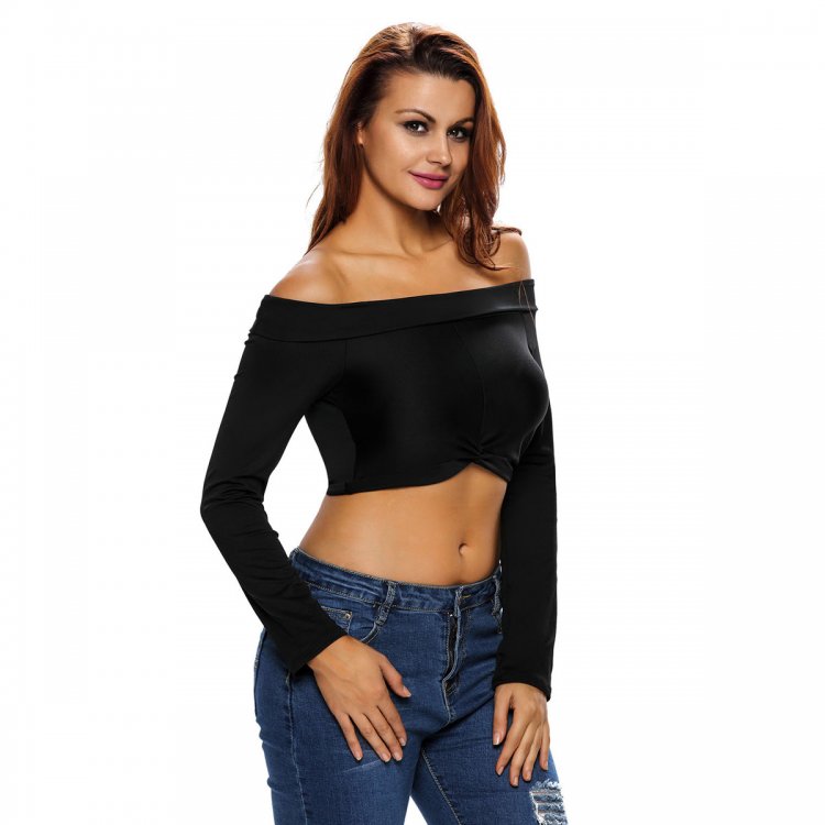 Black Knotted Front Off-the-shoulder Long Sleeve Top