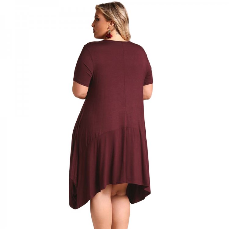 Burgundy Casual Pocket Style Plus Size Jersey Dress
