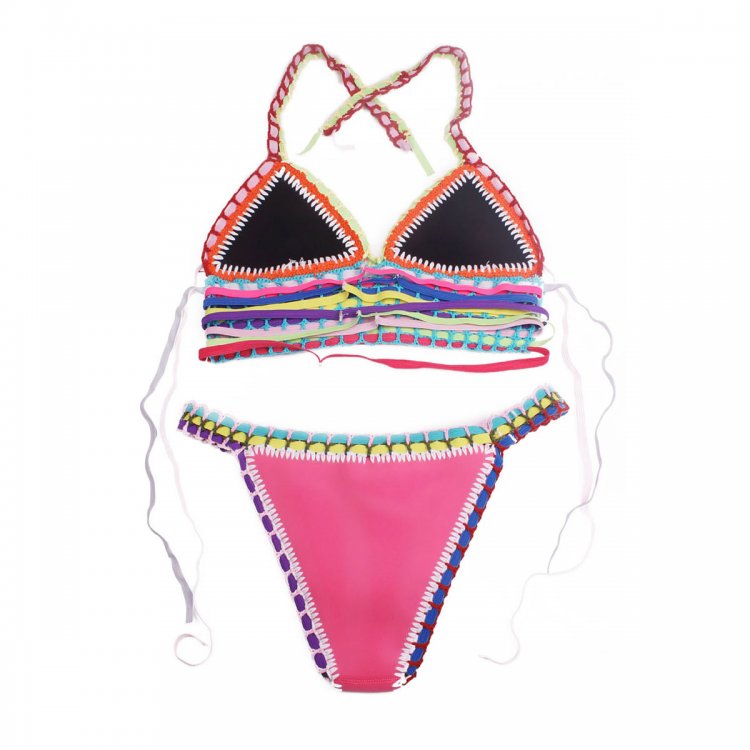 Multicolor Tie Up Crochet Pink Neoprene Bikini Swimsuit